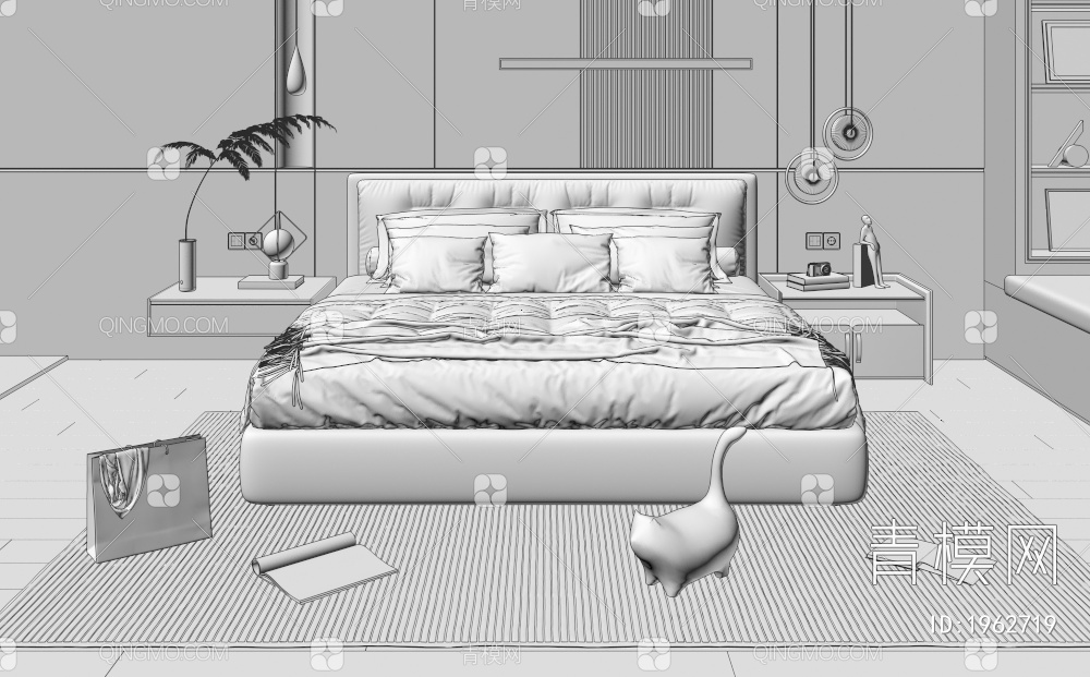 双人床 床头柜 地毯 主卧室 床头背景墙3D模型下载【ID:1962719】