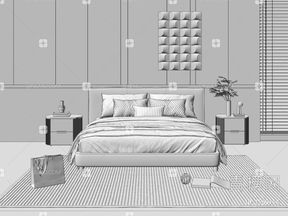 双人床 床头柜 地毯 主卧室 床头背景墙3D模型下载【ID:1963114】