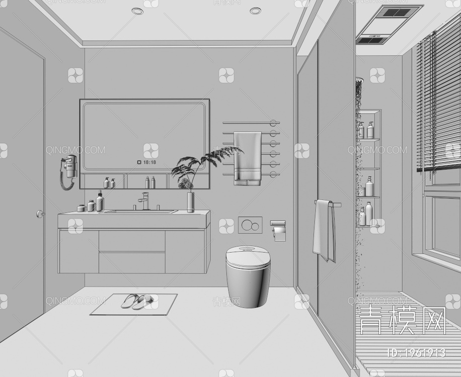家居卫生间 浴室 厕所 洗手台 浴室柜 毛巾架 镜子 淋浴房 花洒3D模型下载【ID:1961913】