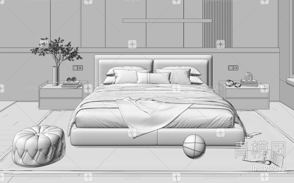 双人床 床头柜 地毯 主卧室 床头背景墙3D模型下载【ID:1962630】