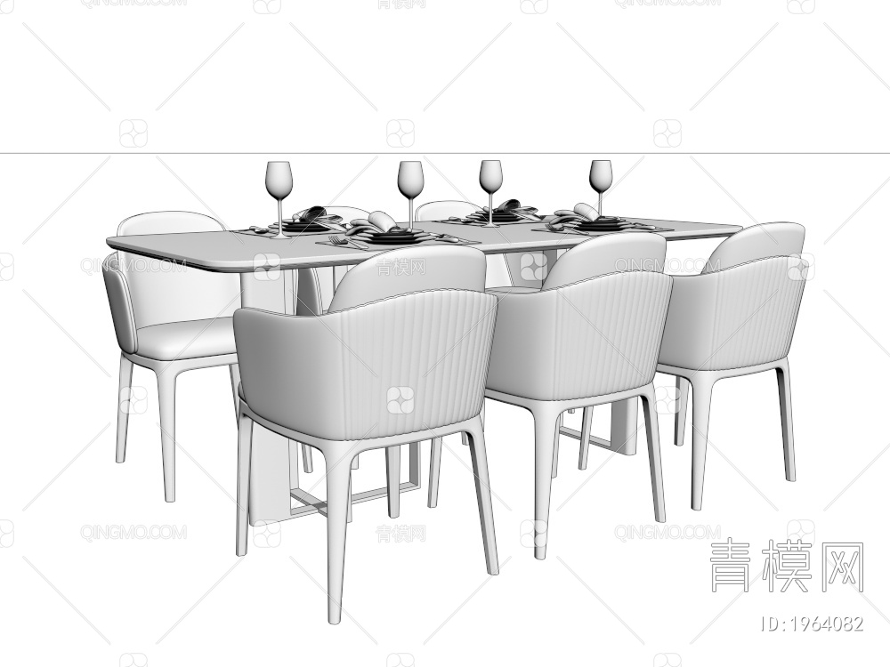 大理石实木布艺餐桌椅3D模型下载【ID:1964082】