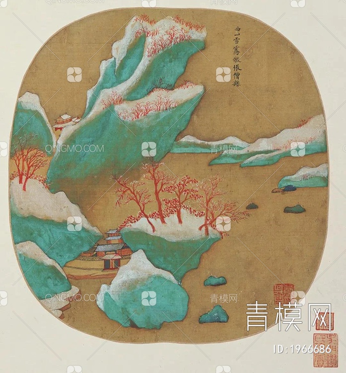 中式写意国画山水扇面挂画 贴图下载【ID:1966686】