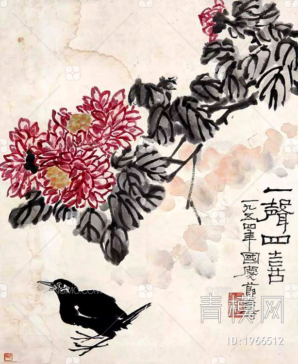 中式写意国画花鸟挂画 贴图下载【ID:1966512】