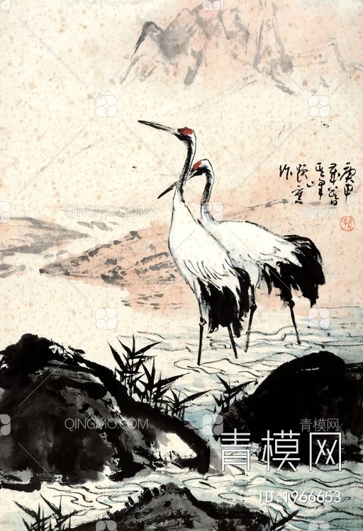 中式写意国画仙鹤画挂画贴图下载【ID:1966653】