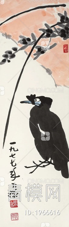 中式写意飞鸟国画挂画贴图下载【ID:1966616】