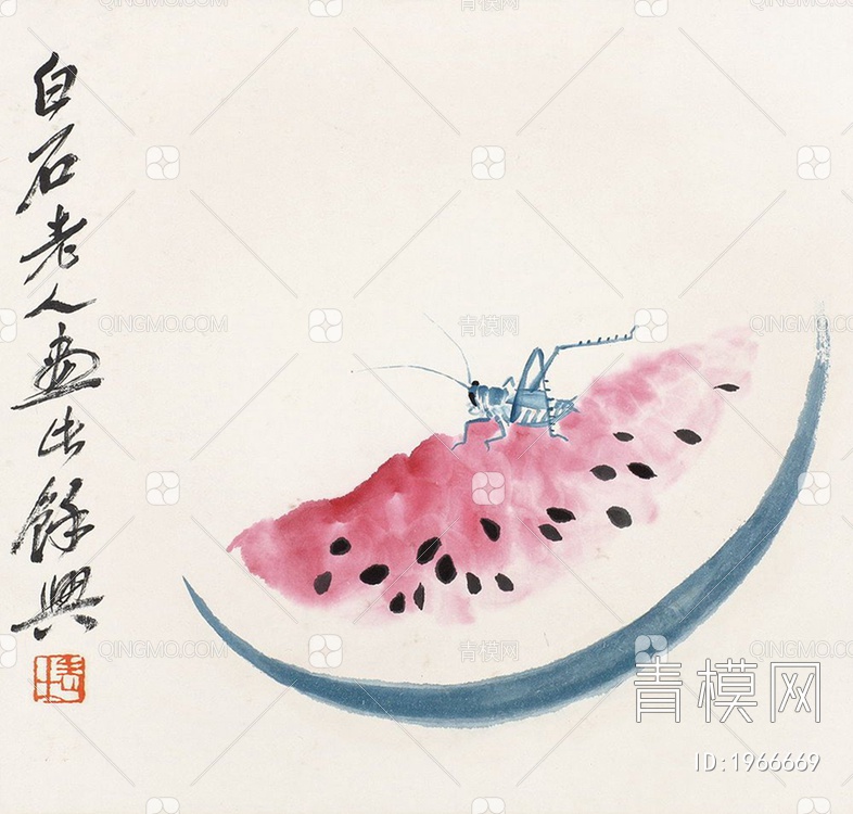 中式写意国画西瓜蝈蝈挂画贴图下载【ID:1966669】