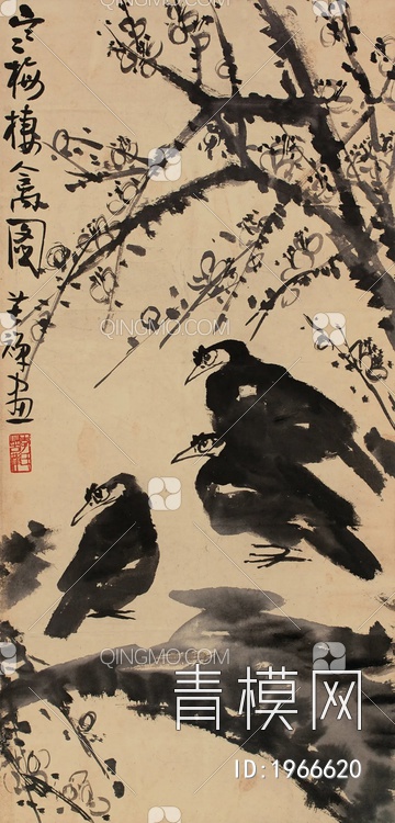 中式写意飞鸟国画挂画贴图下载【ID:1966620】