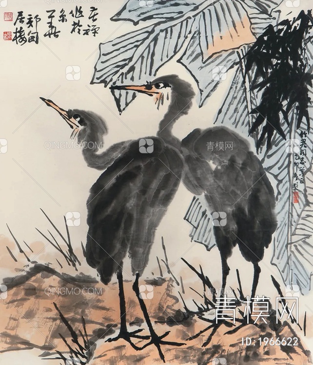 中式写意飞鸟国画挂画贴图下载【ID:1966622】