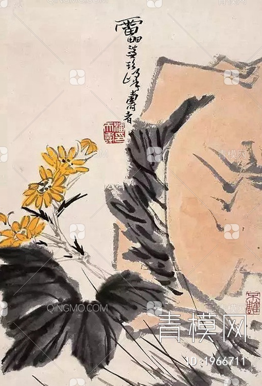 中式写意国画花卉挂画 贴图下载【ID:1966711】
