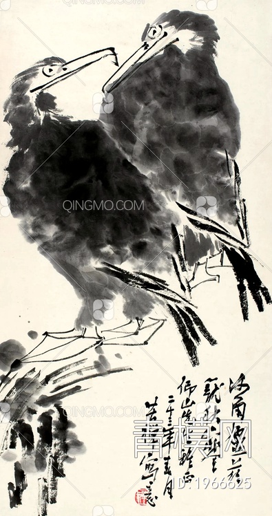 中式写意飞鸟国画挂画贴图下载【ID:1966625】
