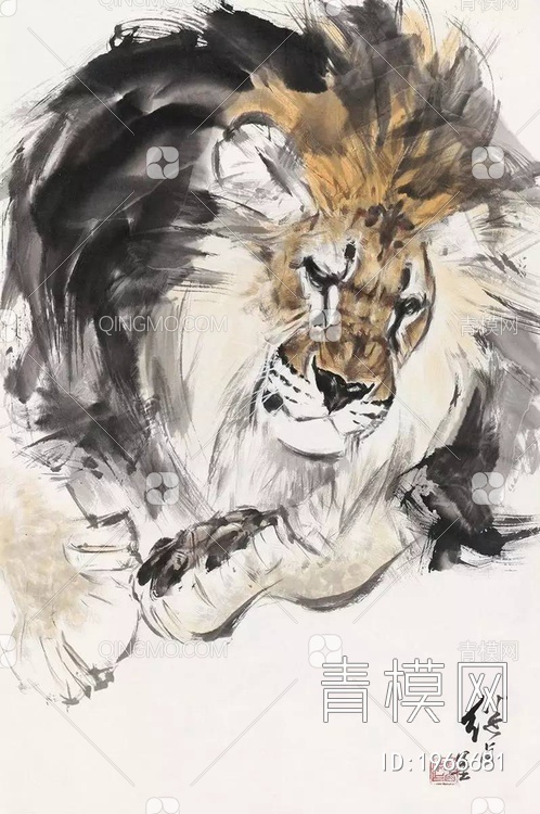 中式写意国画狮虎挂画 贴图下载【ID:1966681】