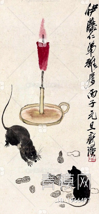 中式写意挂画小老鼠上灯台贴图下载【ID:1966497】
