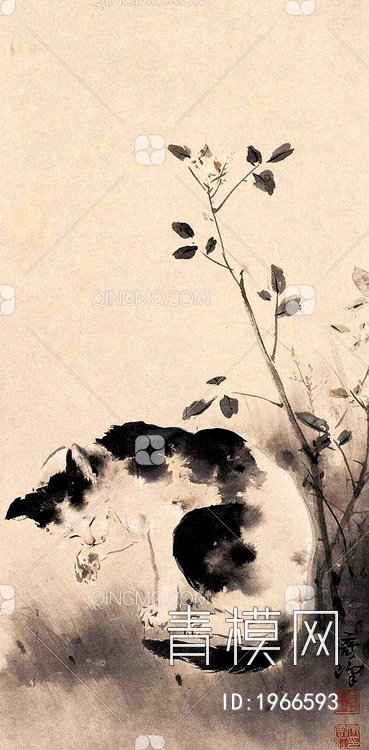 中式写意国画猫挂画贴图下载【ID:1966593】