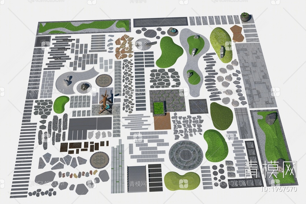 景观汀步 园林铺地 青石板3D模型下载【ID:1967570】