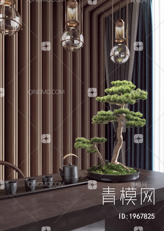 松树盆栽茶具摆件SU模型下载【ID:1967825】