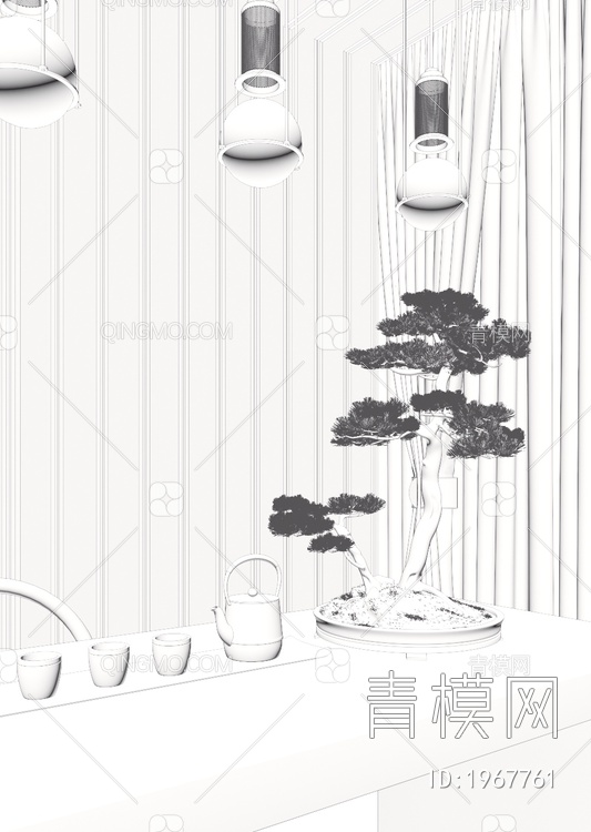 松树盆栽茶具摆件组合3D模型下载【ID:1967761】