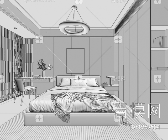 卧室，奶油风卧室3D模型下载【ID:1969504】