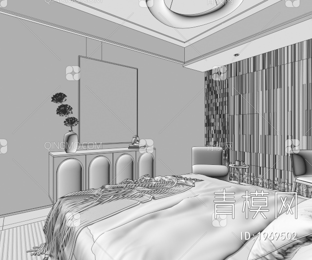 卧室，奶油风卧室3D模型下载【ID:1969502】
