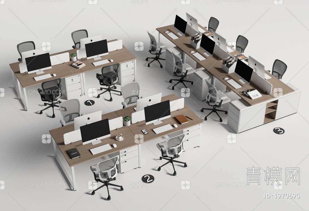 办公桌椅组合 多人办公桌 员工卡座3D模型下载【ID:1970695】
