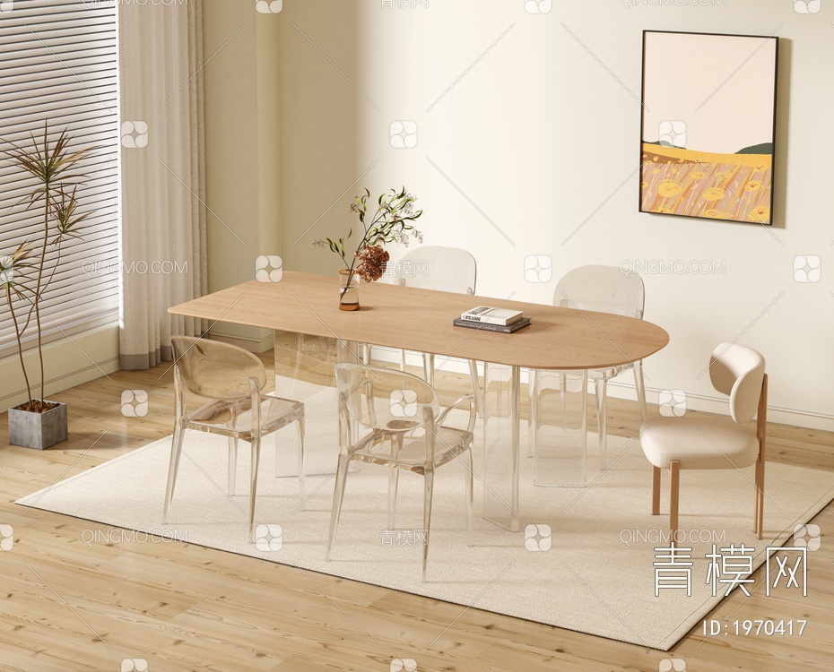 实木餐桌椅组合3D模型下载【ID:1970417】