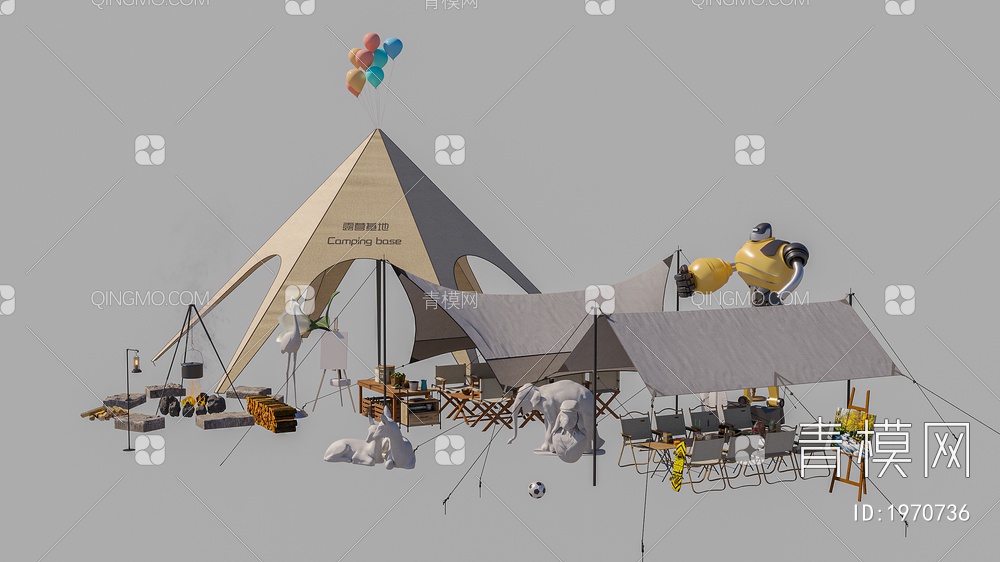 露营 帐篷 露营椅 露营桌 篝火 营地 天幕3D模型下载【ID:1970736】