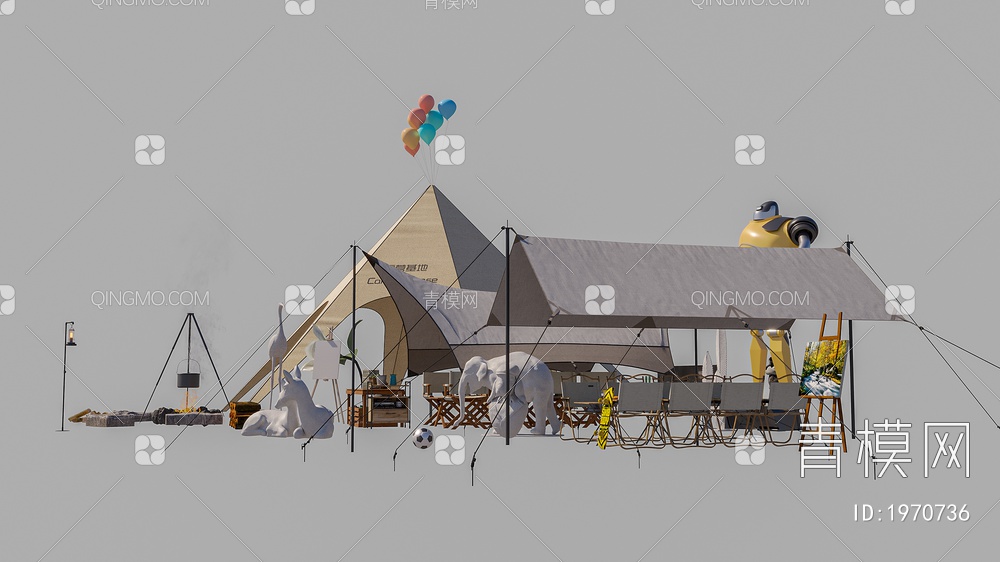 露营 帐篷 露营椅 露营桌 篝火 营地 天幕3D模型下载【ID:1970736】
