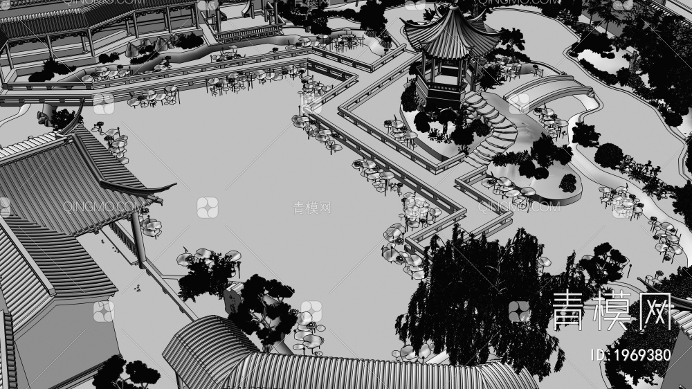 庭院水系景观，景观树组合，建筑，荷花3D模型下载【ID:1969380】