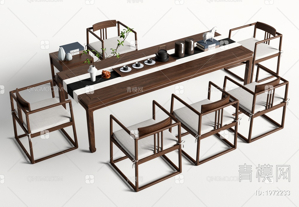 茶桌椅组合 长条茶桌 茶具组合3D模型下载【ID:1972233】