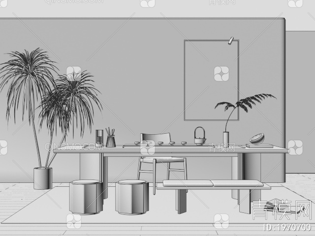 茶桌椅组合 茶台 茶具组合 植物盆栽3D模型下载【ID:1970700】