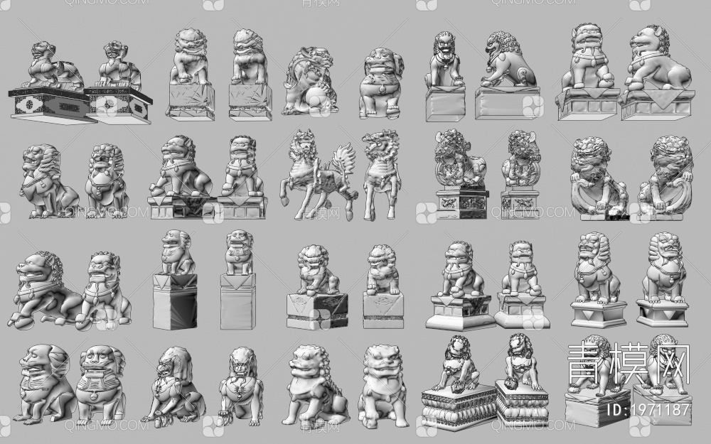 石狮子雕塑集合3D模型下载【ID:1971187】