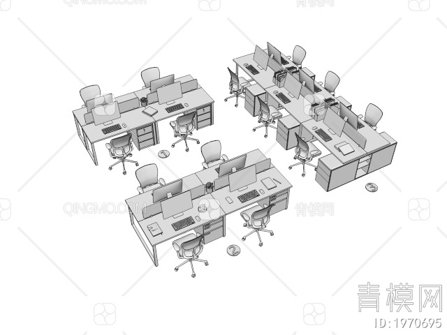 办公桌椅组合 多人办公桌 员工卡座3D模型下载【ID:1970695】