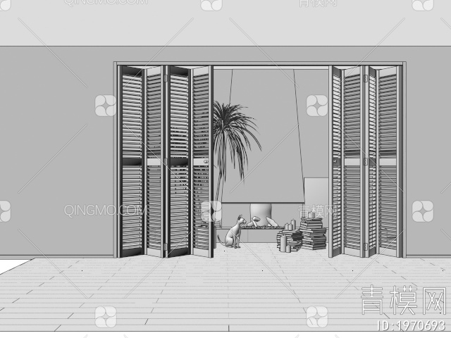 百叶折叠门 多联移门 壁炉 植物盆栽3D模型下载【ID:1970693】