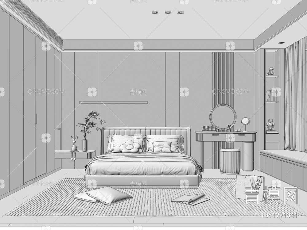 家居卧室 双人床 衣柜 主卧 床头柜  奶油风3D模型下载【ID:1971341】