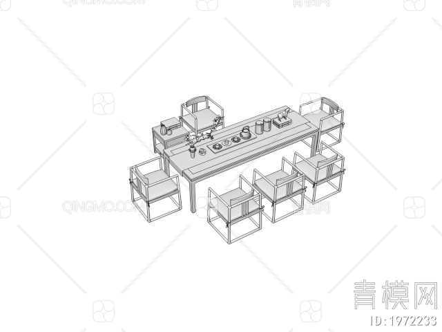 茶桌椅组合 长条茶桌 茶具组合3D模型下载【ID:1972233】