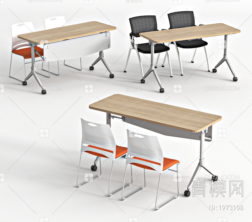 办公桌椅组合，办公桌，办公椅，折叠桌，培训桌3D模型下载【ID:1973108】