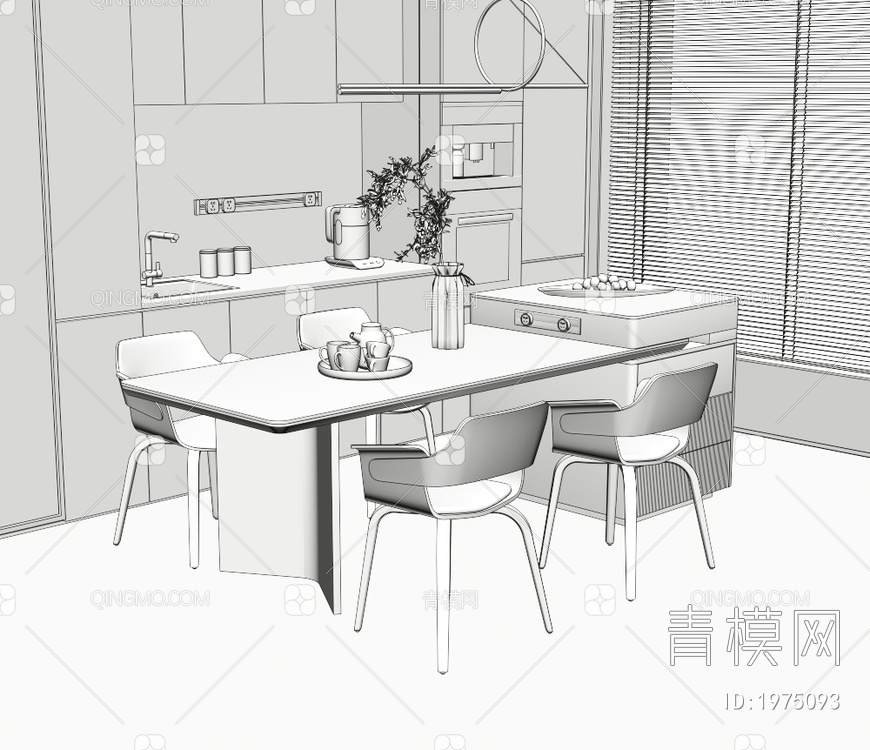 奶油岛台一体餐桌椅3D模型下载【ID:1975093】