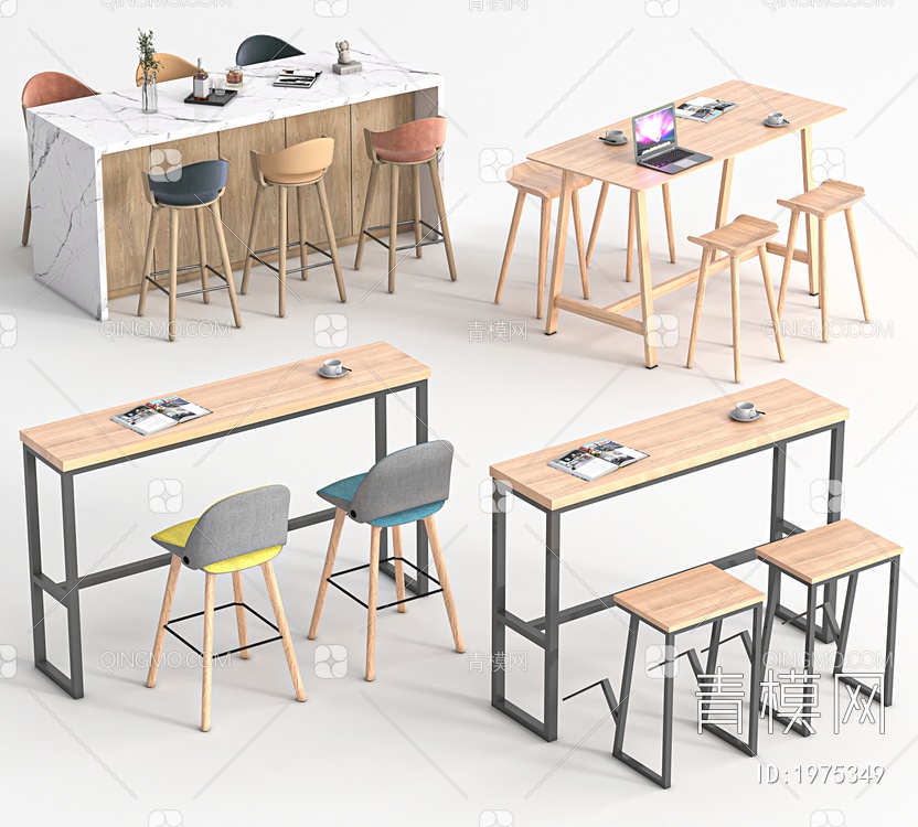吧台吧椅组合，吧台，吧椅，洽谈桌，洽谈椅3D模型下载【ID:1975349】