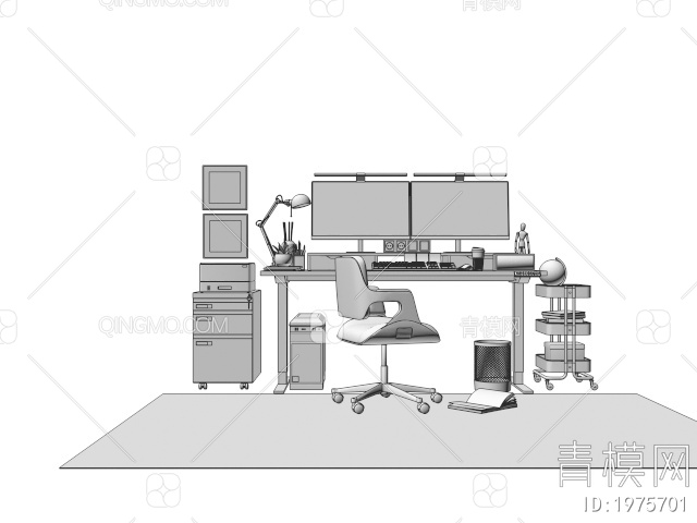 书桌椅 升降电脑桌 双屏电脑 边几 办公用品3D模型下载【ID:1975701】
