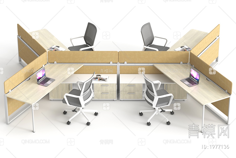 办公桌椅组合 办公桌 职员桌 员工位 屏风工位 工位3D模型下载【ID:1977136】