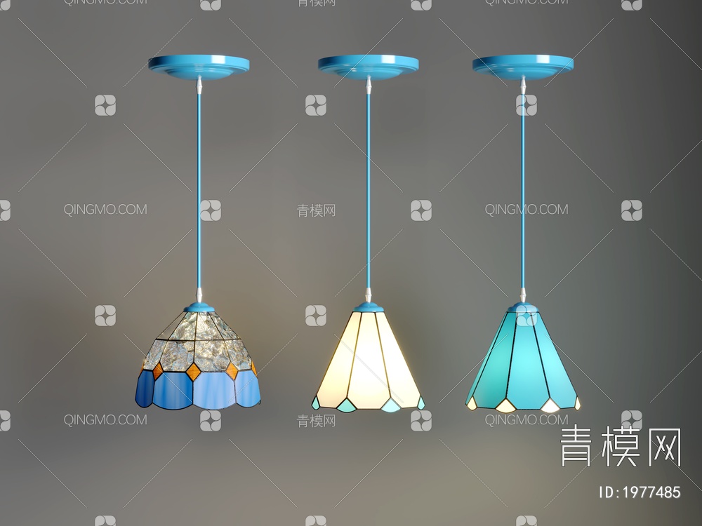 复古蒂凡尼彩色玻璃吊灯  走廊灯  餐厅灯3D模型下载【ID:1977485】