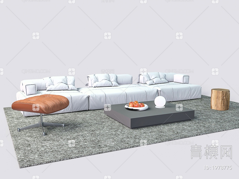 白色布艺沙发茶几组合3D模型下载【ID:1978775】