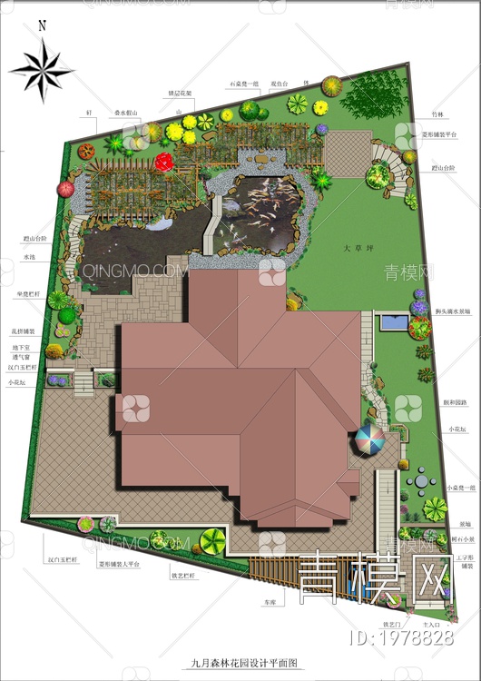 花园设计CAD方案及彩平图【ID:1978828】
