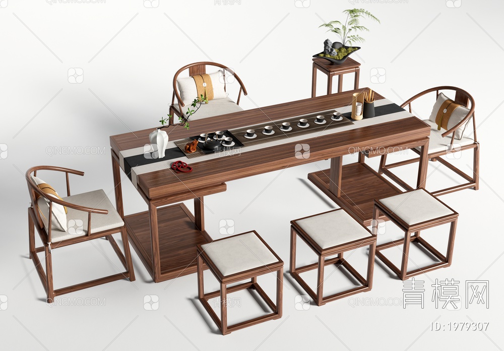 茶桌椅组合 茶壶茶杯 盆栽3D模型下载【ID:1979307】