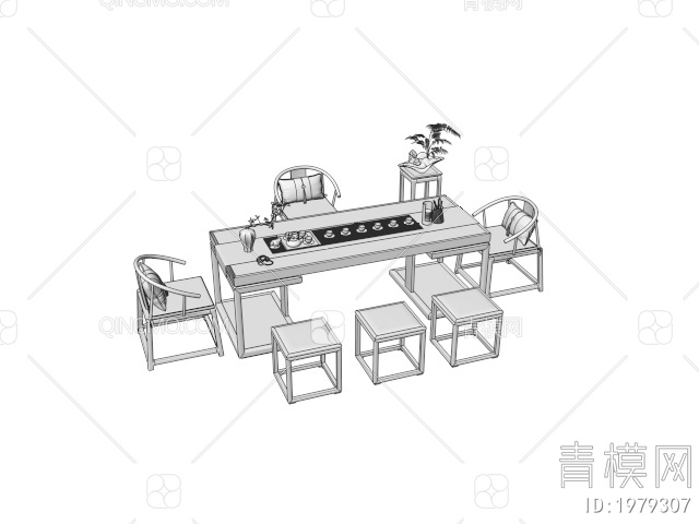 茶桌椅组合 茶壶茶杯 盆栽3D模型下载【ID:1979307】