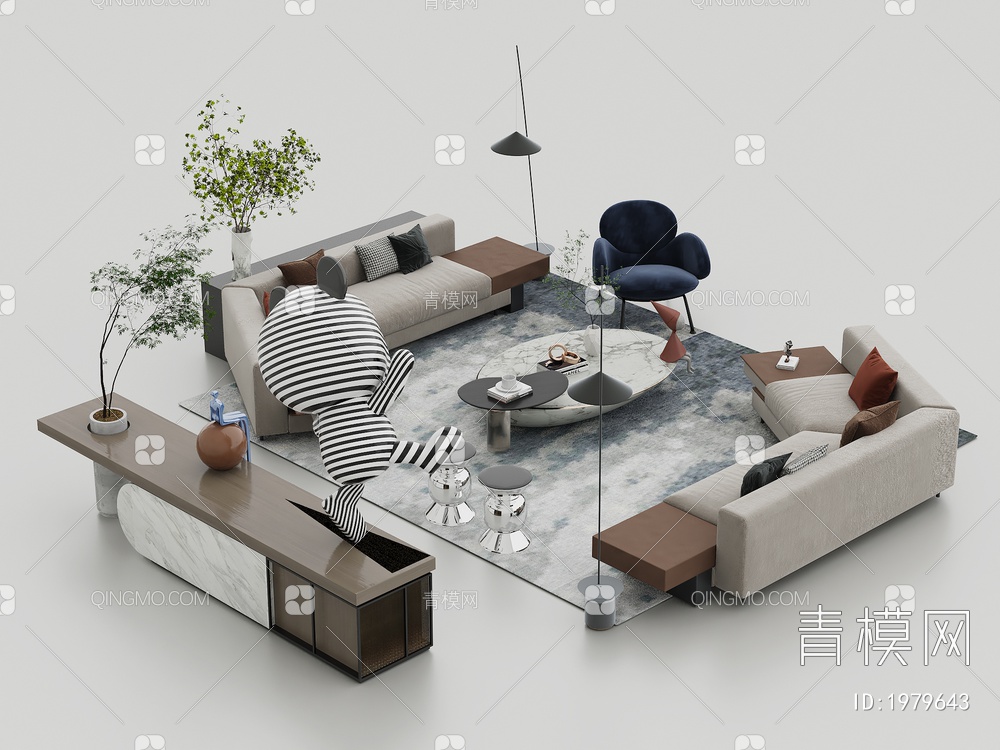 沙发座椅茶几摆件组合3D模型下载【ID:1979643】