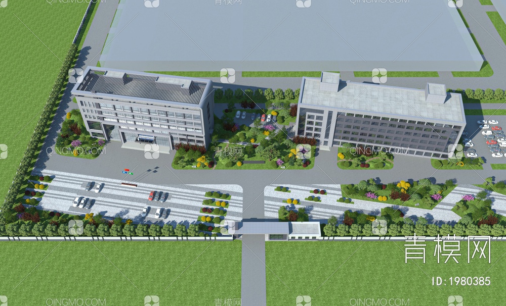 办公区景观绿化、办公楼3D模型下载【ID:1980385】