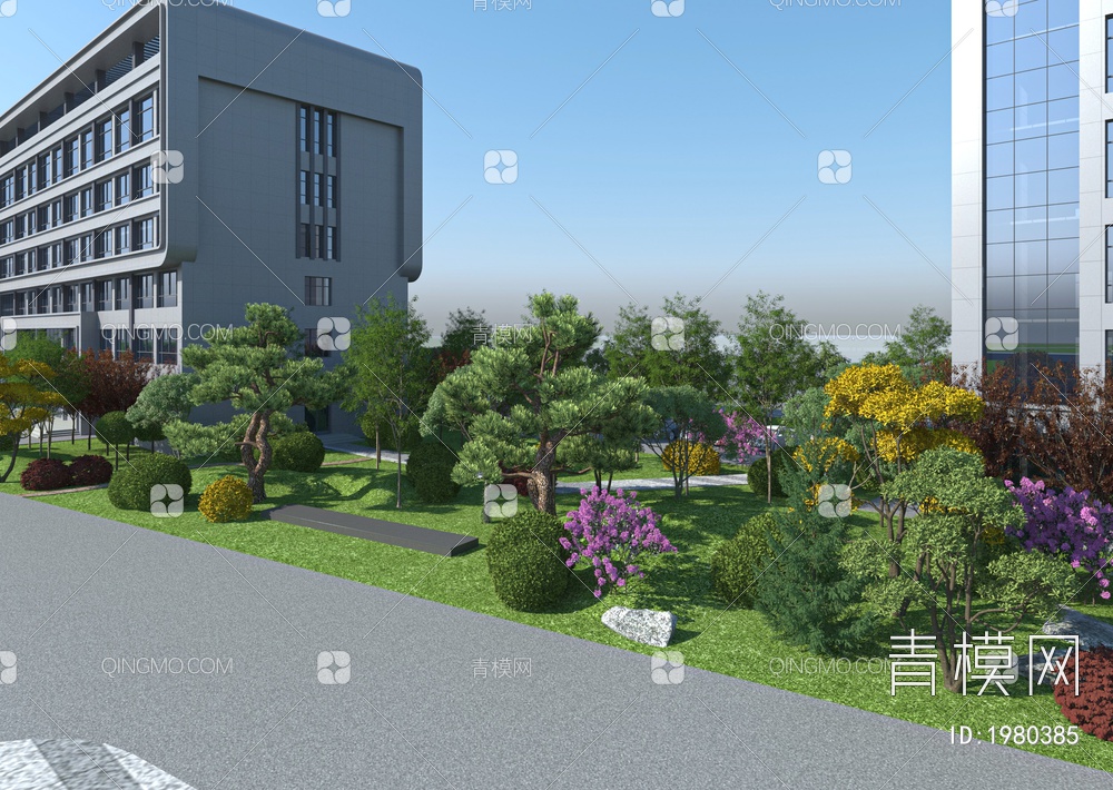 办公区景观绿化、办公楼3D模型下载【ID:1980385】