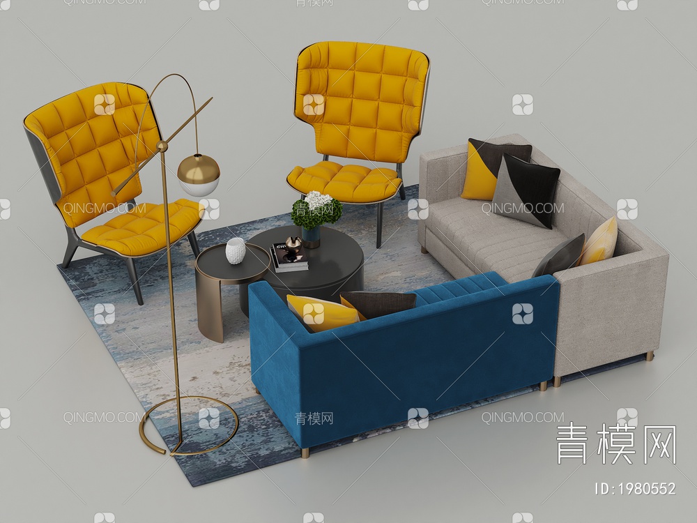 沙发座椅茶几摆件组合3D模型下载【ID:1980552】