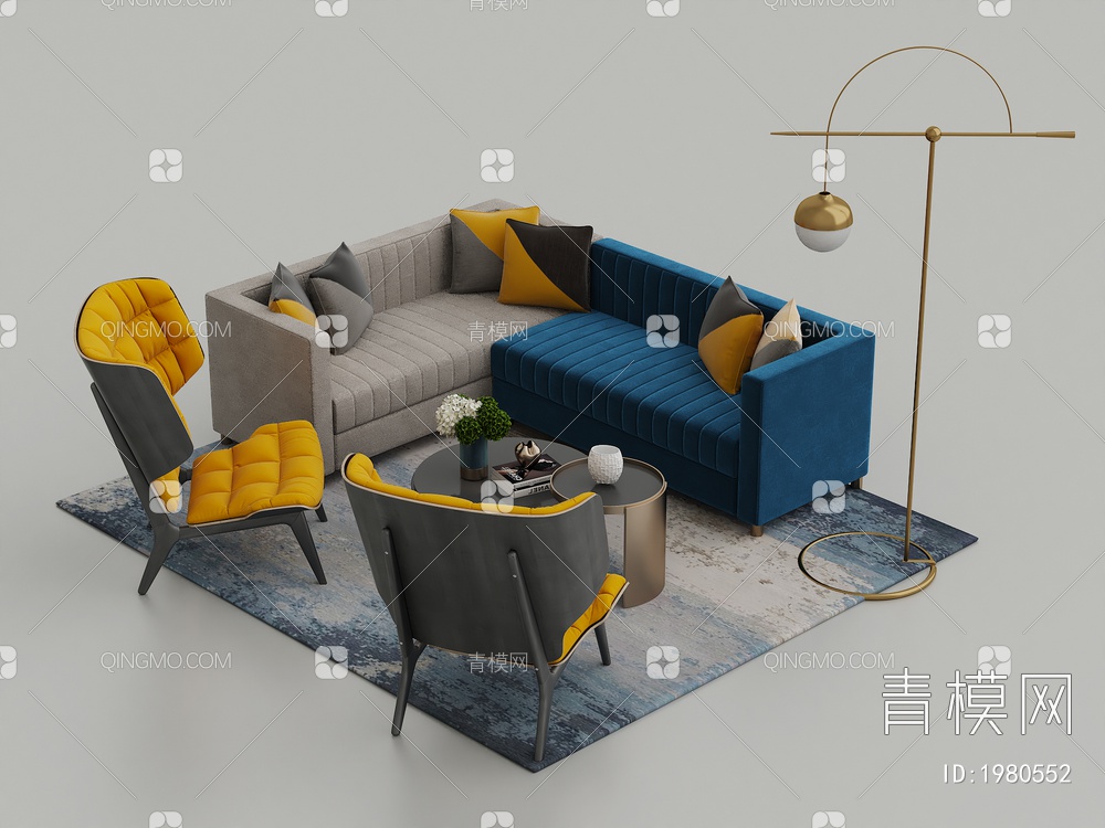 沙发座椅茶几摆件组合3D模型下载【ID:1980552】