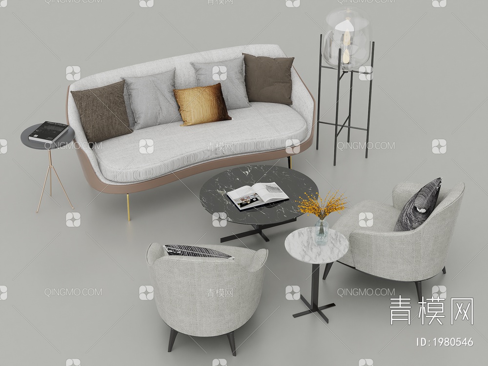 沙发座椅茶几摆件组合3D模型下载【ID:1980546】